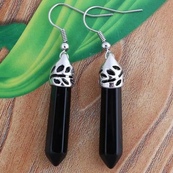 Black Obsidian Natural Stone Gemstone Hexagon Point Healing Dangle Earrings - Picture 2 of 3